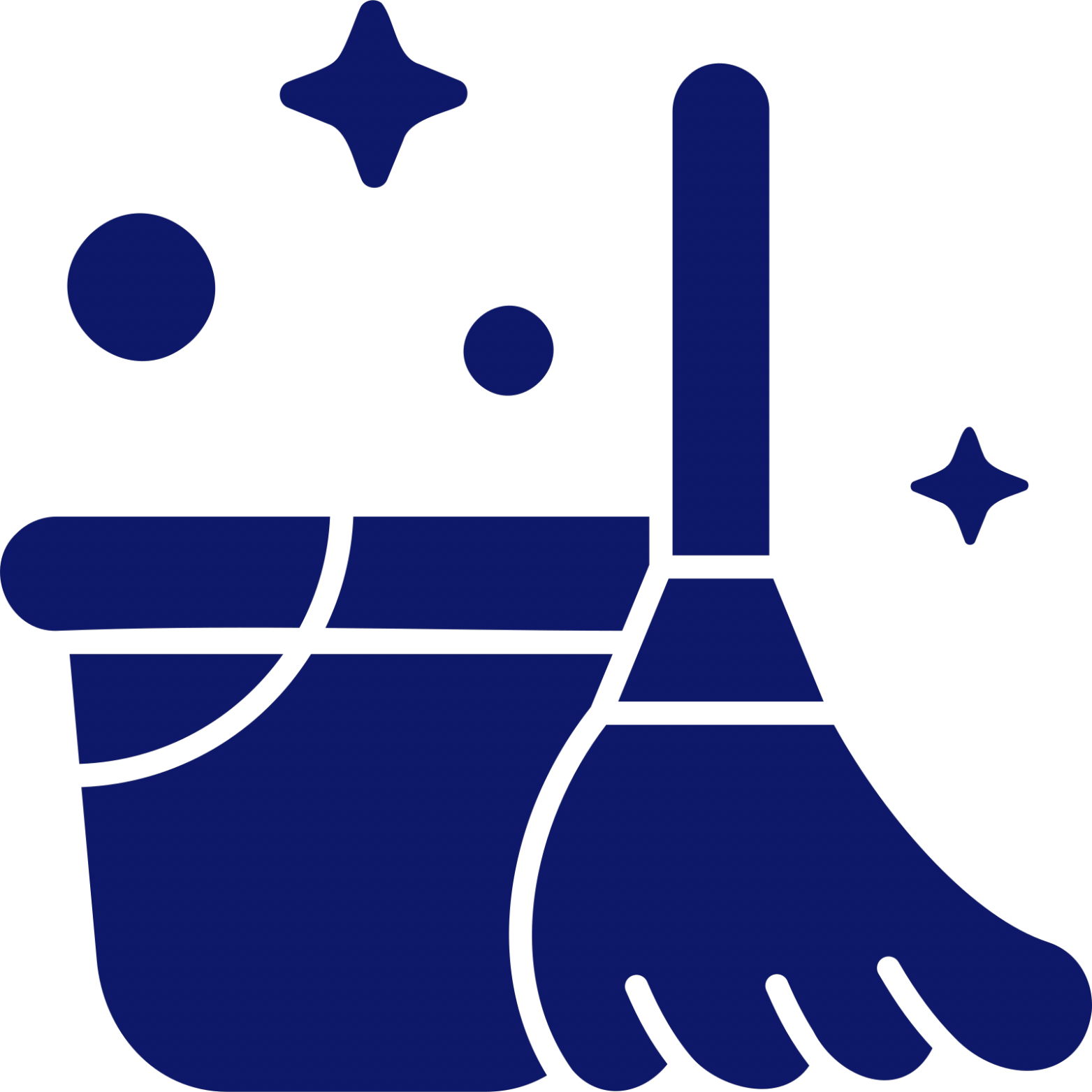 Icône bleu marine de seau et d’une serpillière, symbole de nettoyage et d’entretien ménager.