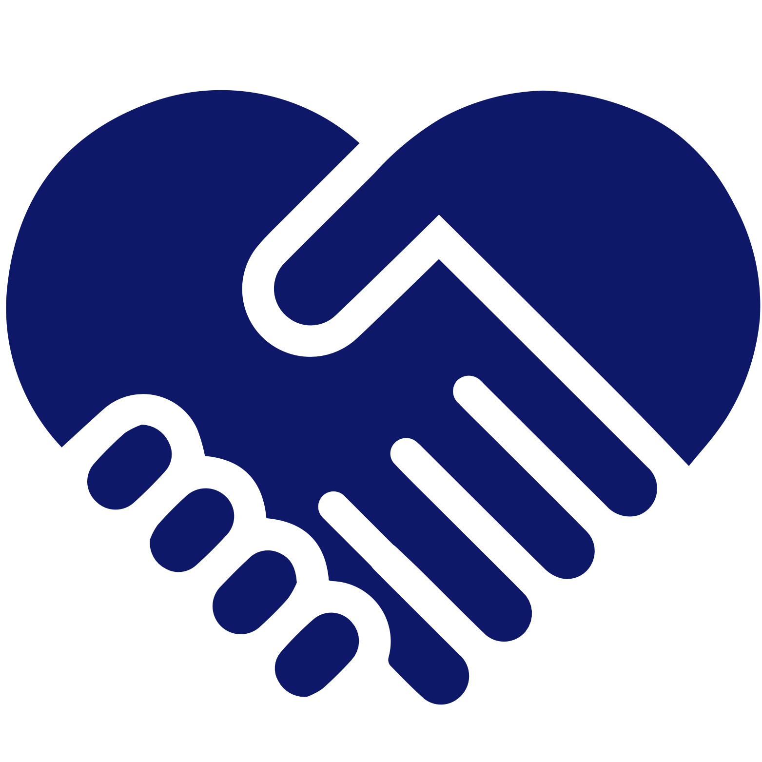 Icône main en forme de cœur bleu marine, symbole de bienveillance et de soin.