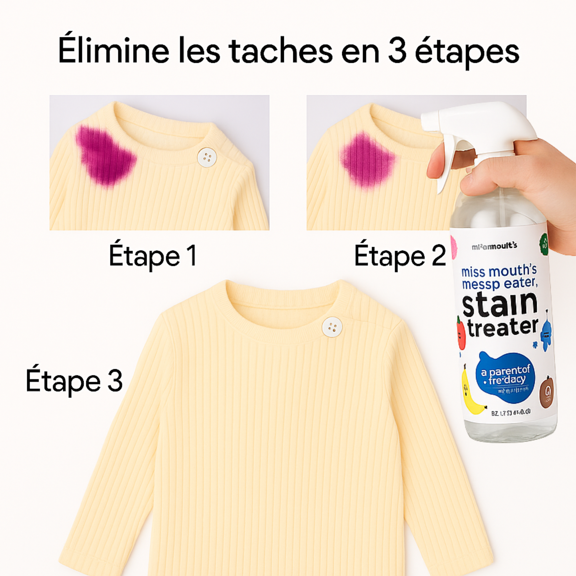 Body de bébé beige avec une tache violette avant et après nettoyage. Image montrant le body taché, l’application du spray détachant miss mouth’s grand format, puis le body propre sans tache. Démonstration d’un produit détachant pour vêtements de bébé.